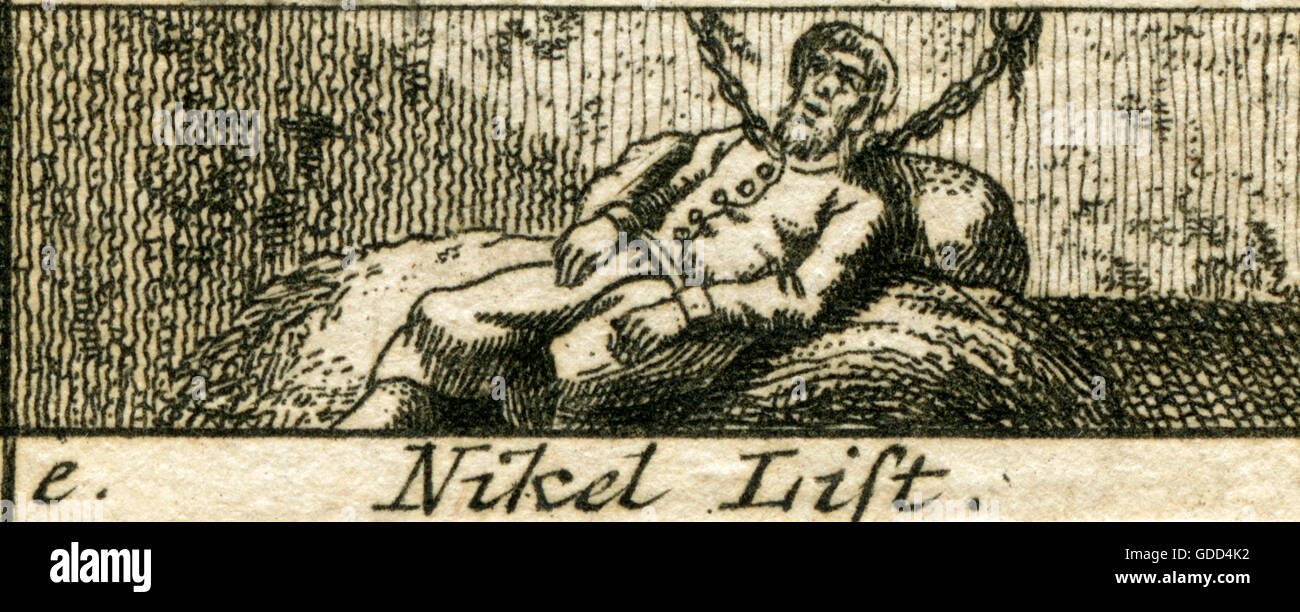 Nikel List , gang leader in irons , born 1656 in Waldenburg , died 23. 05. 1699 in Celle , copperplate engraving from : J.S. Stoy, pictures for the youth , volume 2 , Nürnberg , 1784 , engraved by Johann Georg Penzel., Stock Photo