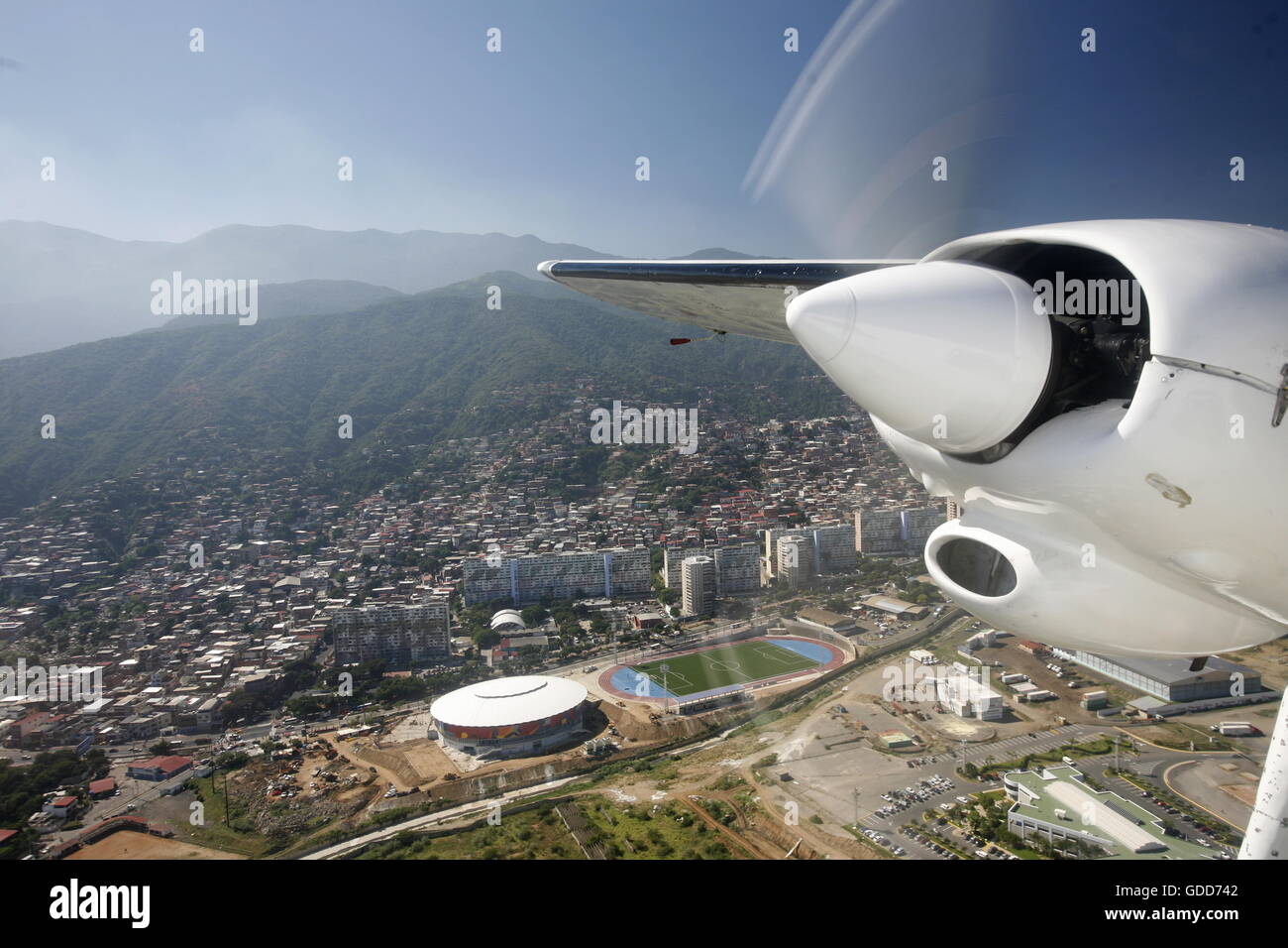 a airplane landing at the Caracas Airport at the coast of Caracas in the north of Venezuela. Stock Photo