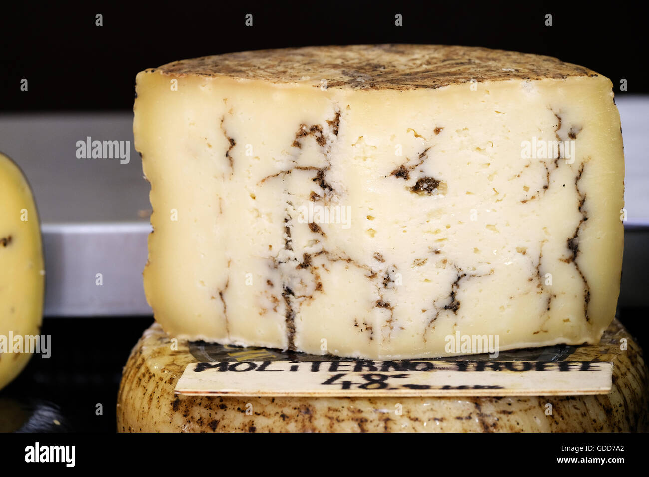 Locally produced Fresh Black Truffle Moliterno Cheese for sale on a