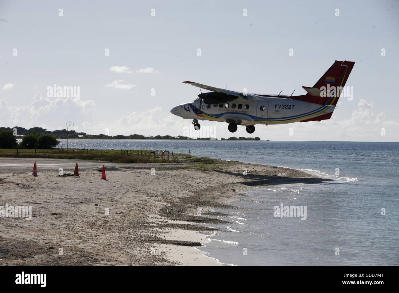 the airport on  the Beach in the village on the Gran Roque Island at the Los Roques Islands in the caribbean sea of Venezuela. Stock Photo