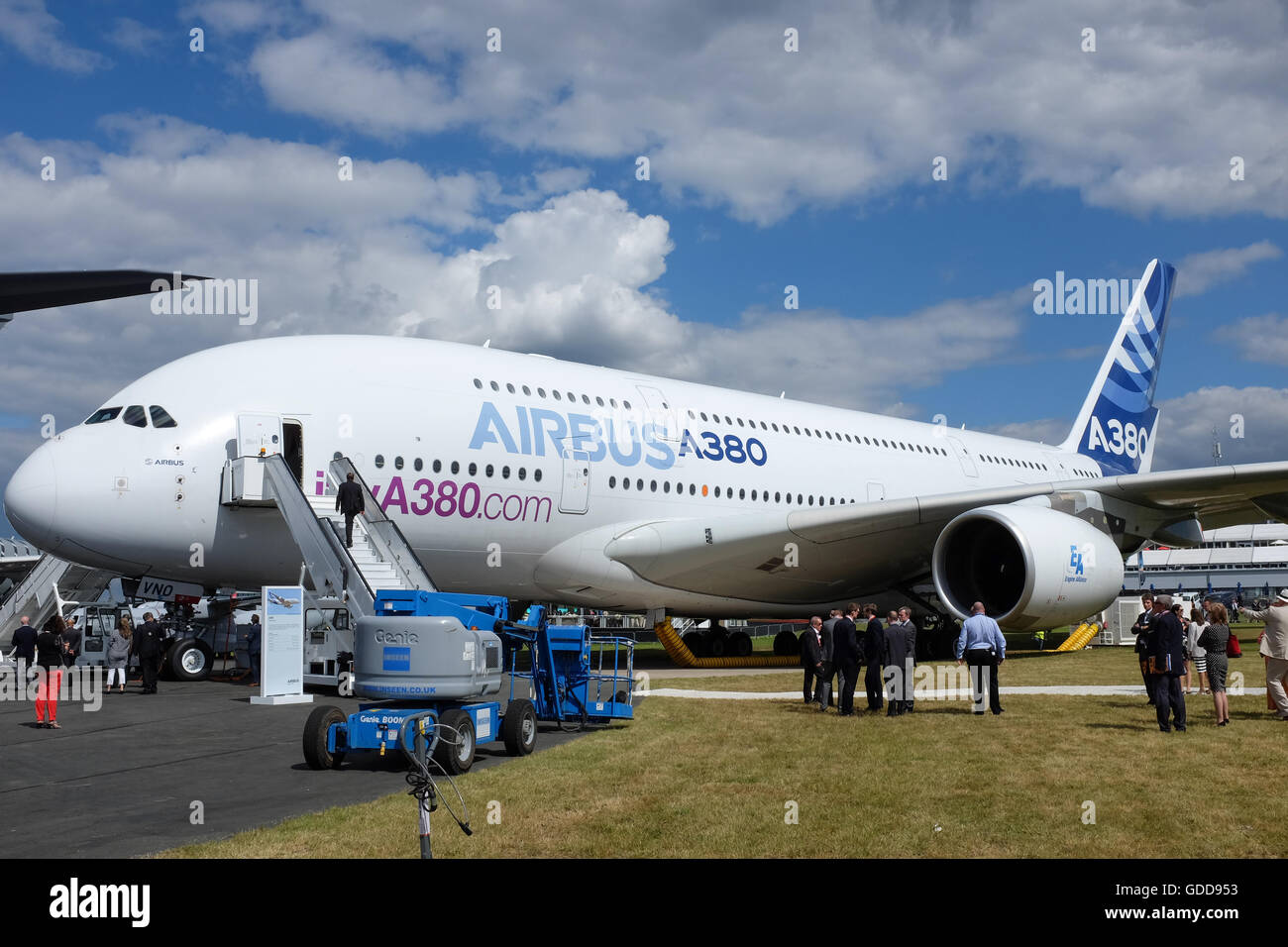 An Airbus A380 on show at the Farnborough Airshow near London, England, in 2016. Stock Photo