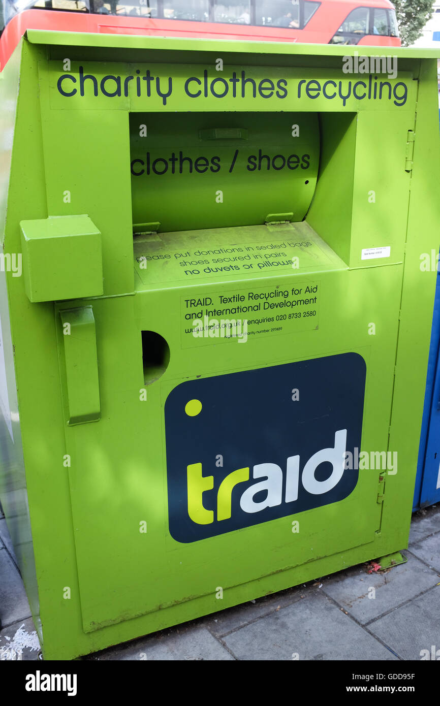 A clothes-recycling bin in London, England. Stock Photo