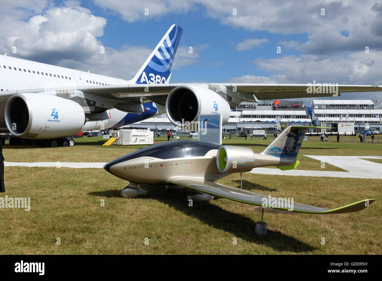 The Airbus E-Fan plane beside the much larger Airbus A380. Stock Photo