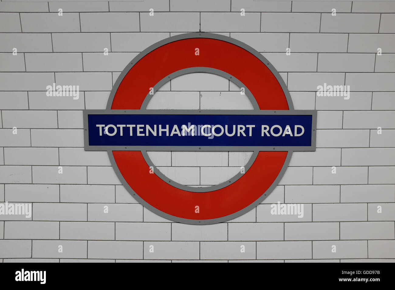 A tube sign at Tottenham Court Road underground station in London, England. Stock Photo