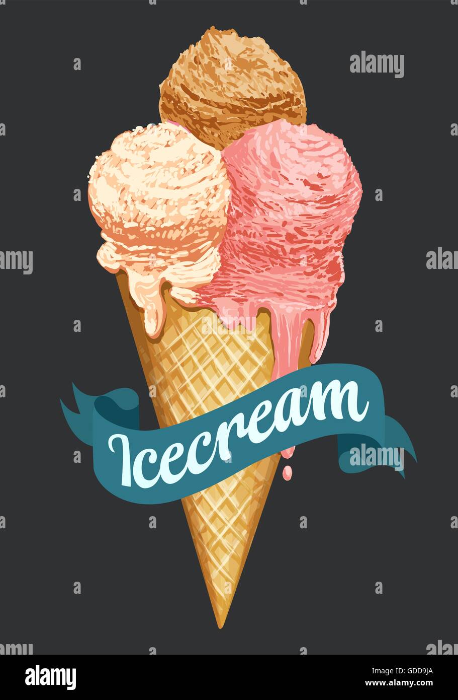 Ice cream balls waffle cone isolated on green photo-realistic ...