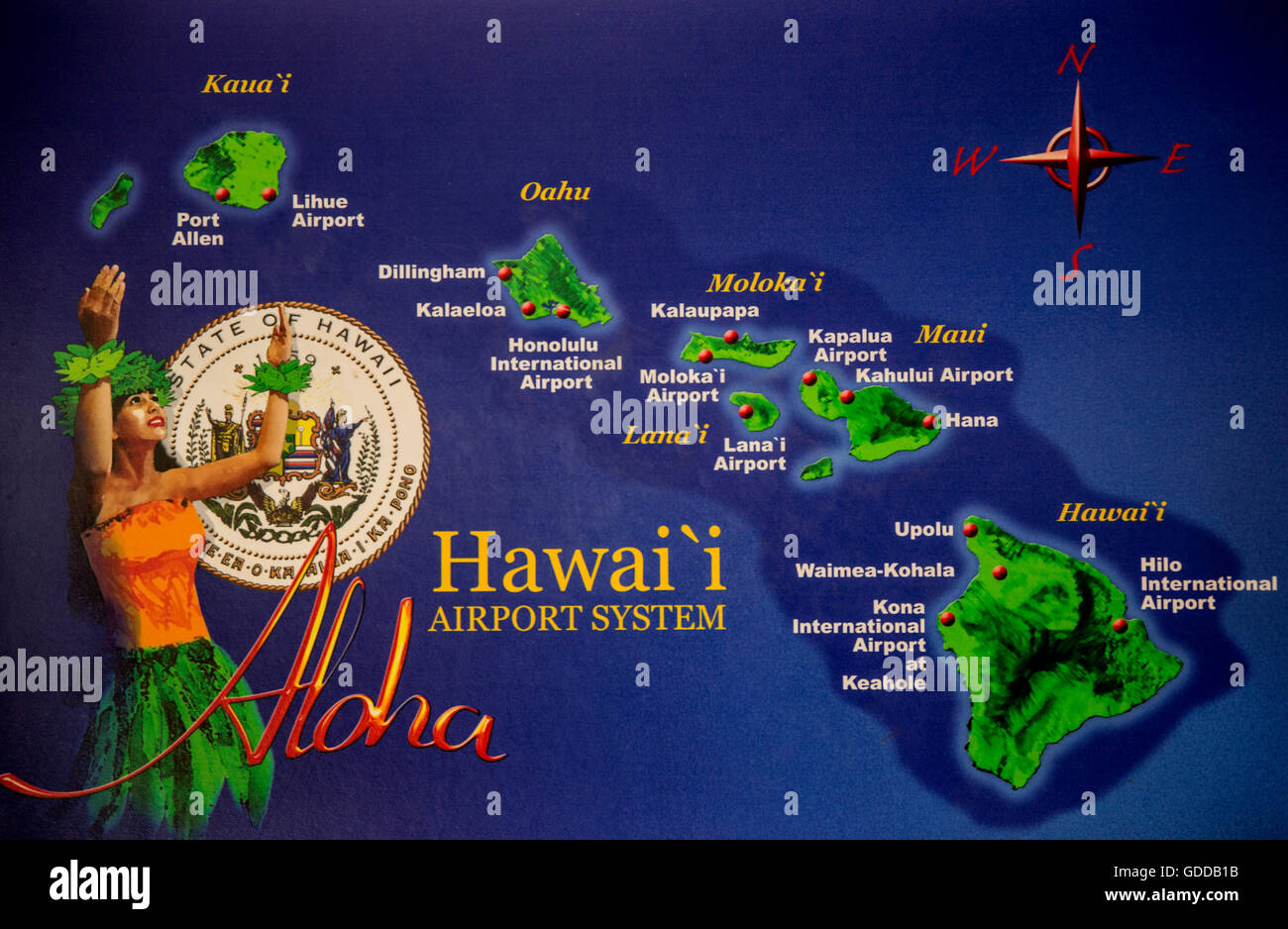 Honolulu,Oahu,map,airports,USA,Hawaii,America,islands,isles, Stock Photo