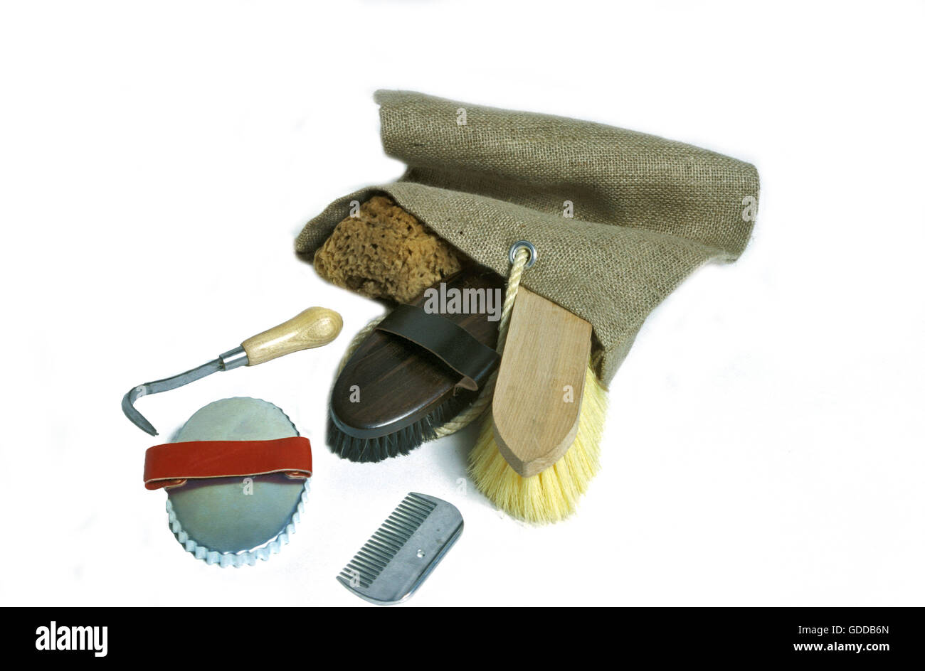 Horse Grooming Equipment against White Background Stock Photo