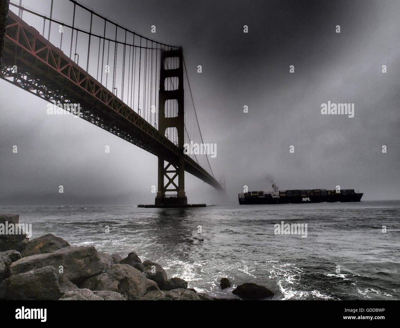 San Francisco,Golden gate,fog,clouds,ship,freighter,freight hauler,rain,mood,sea,bridge,coast,container ship,black Stock Photo