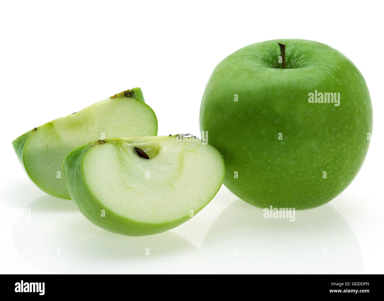 Green juicy organic Granny Smith Apples. Raw fruit background. Front view.  Close up. Stock Photo by poetique_id