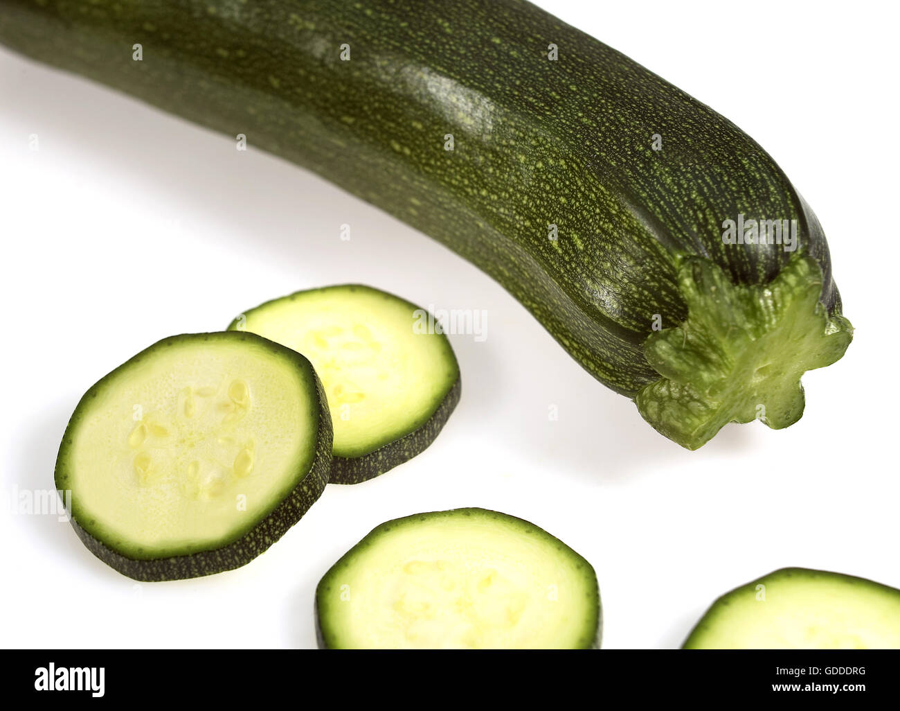 LONG COURGETTE OR ZUCCHINI AGAINST WHITE BACKGROUND Stock Photo