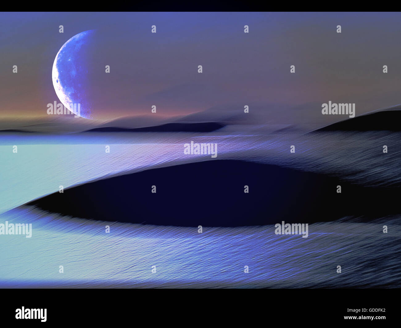 Graphical,Greece,sea,islands,moon,sickle,concepts, Stock Photo