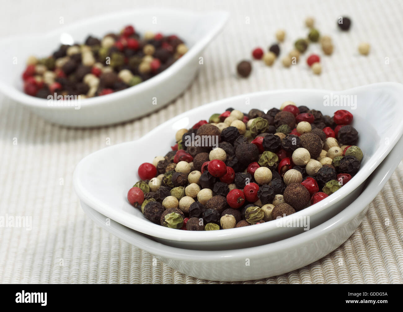 Five Peppercorns, piper nigrum, Black, Green, White, Pink and Jamaica