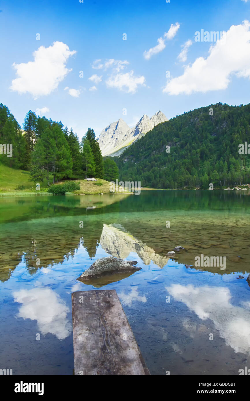 Nature,Landscape,Lake,Mountain lake,Water,Stones,Rocks,Switzerland,Tree,Trees,Summer,Cloud,Palpuognasee,Graubünden, Stock Photo