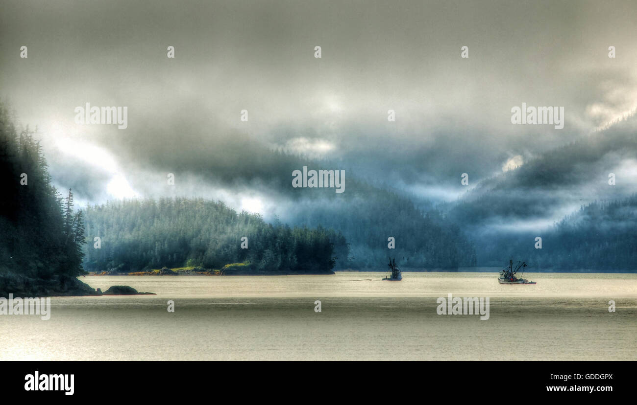 Alaska,USA,Prince William Sound,ferry,ferryboat,fishing ships,sea,fog,mountains,Valdez,Alaska Peninsula,gulf of Alask Stock Photo