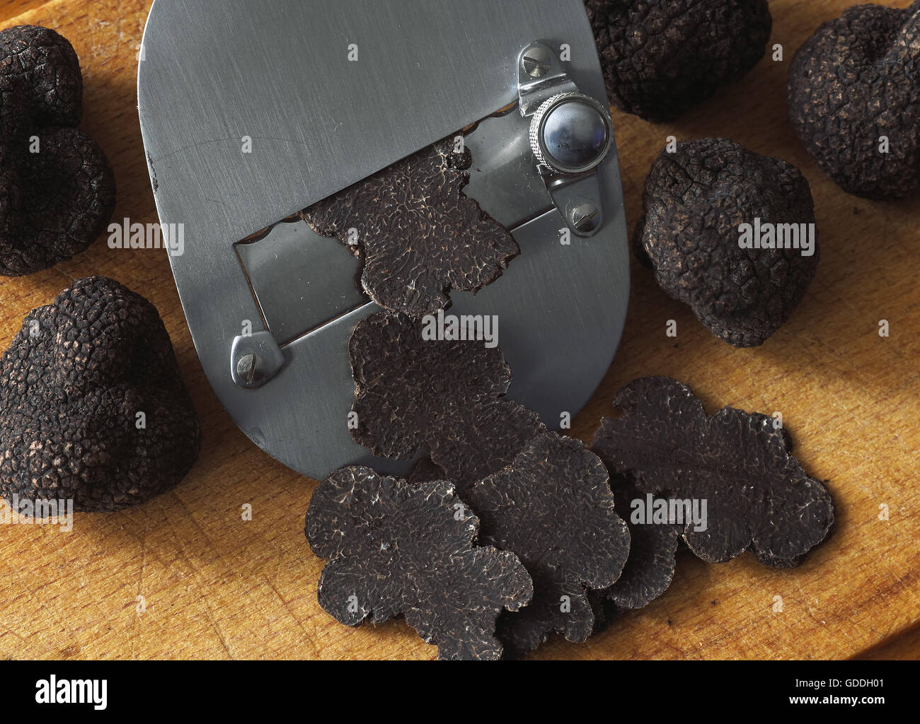 Perigord Truffle, tuber melanosporum, Mushrooms cut in thin Slices Stock Photo