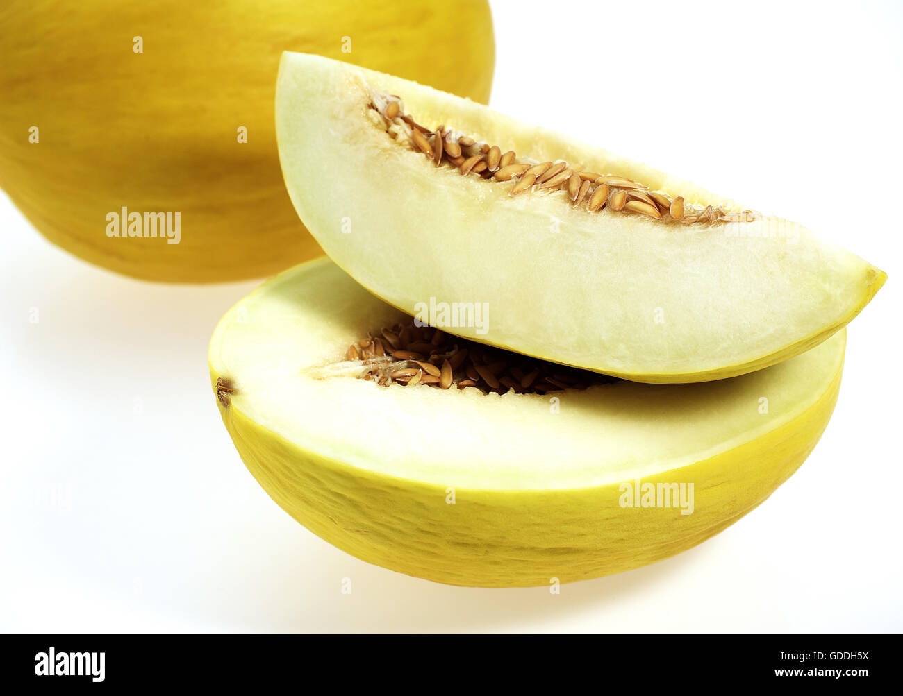 Yellow Spanish Melon, cucumis melo, Fruits against White Background
