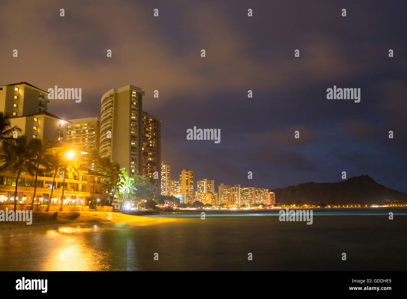 Honolulu,Oahu,capital,Waikiki Beach,USA,Hawaii,America,town,city,evening, Stock Photo