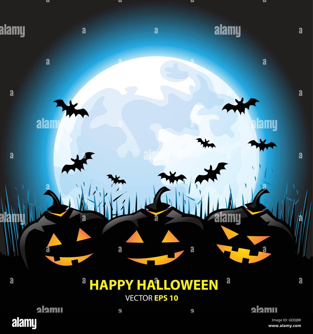 Happy Halloween pumpkins on blue moon light night party celebration festival vector illustration. Stock Vector