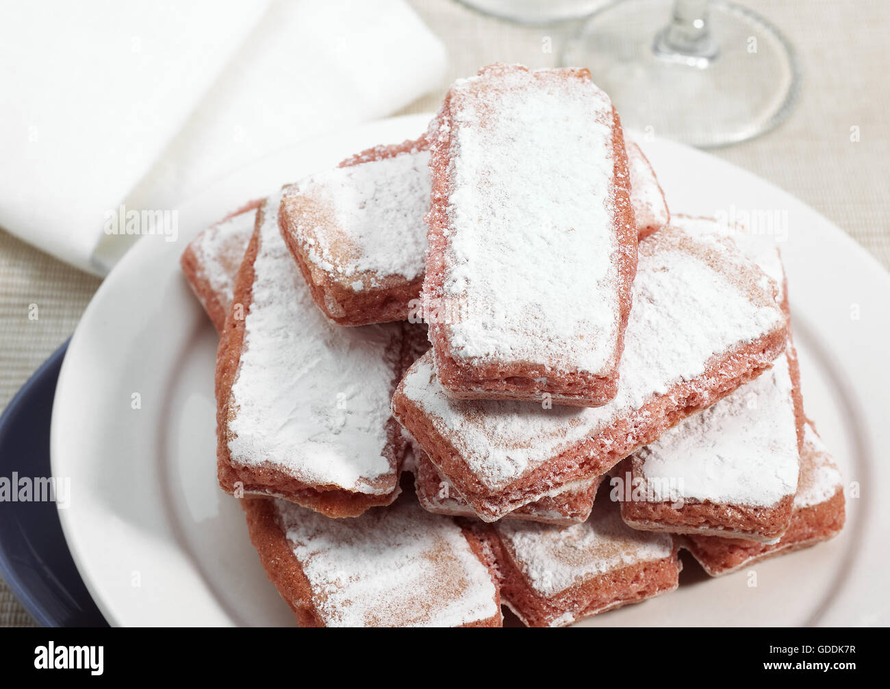 Biscuit Rose de Reims, Pink Biscuit found in French cuisine, It is customary to dip the biscuit in champagne Stock Photo