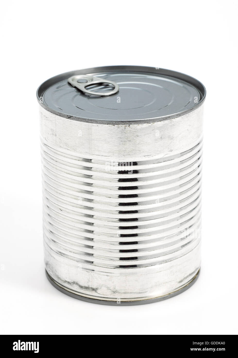 TIN OR CAN AGAINST WHITE BACKGROUND Stock Photo