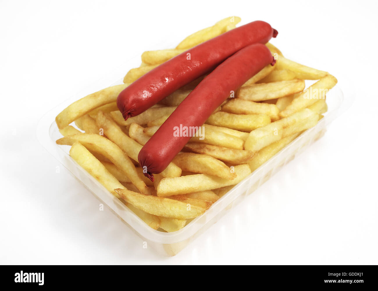 French Fries with Sausage against White Background Stock Photo