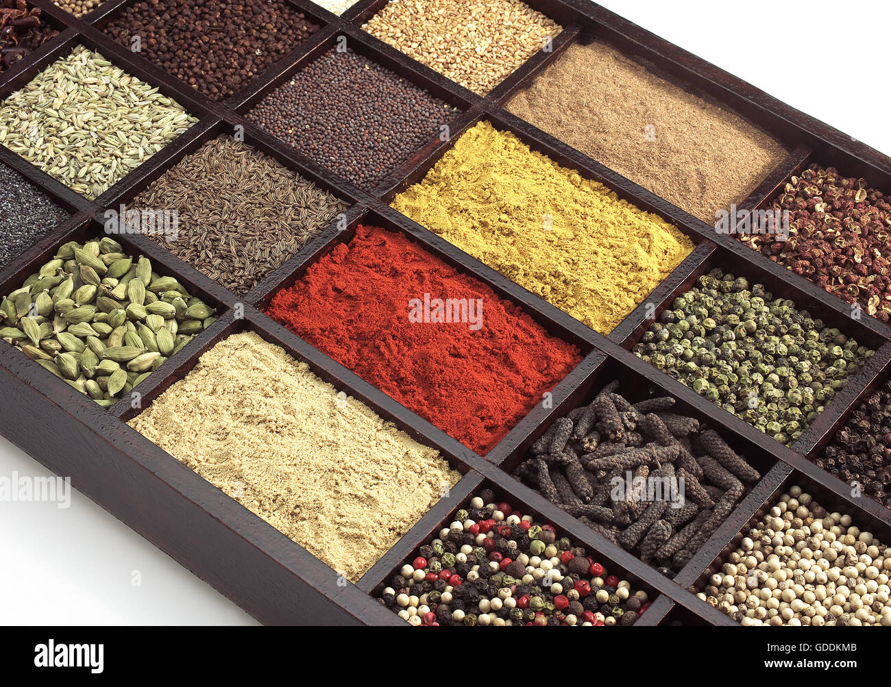 Box with many Spices Stock Photo