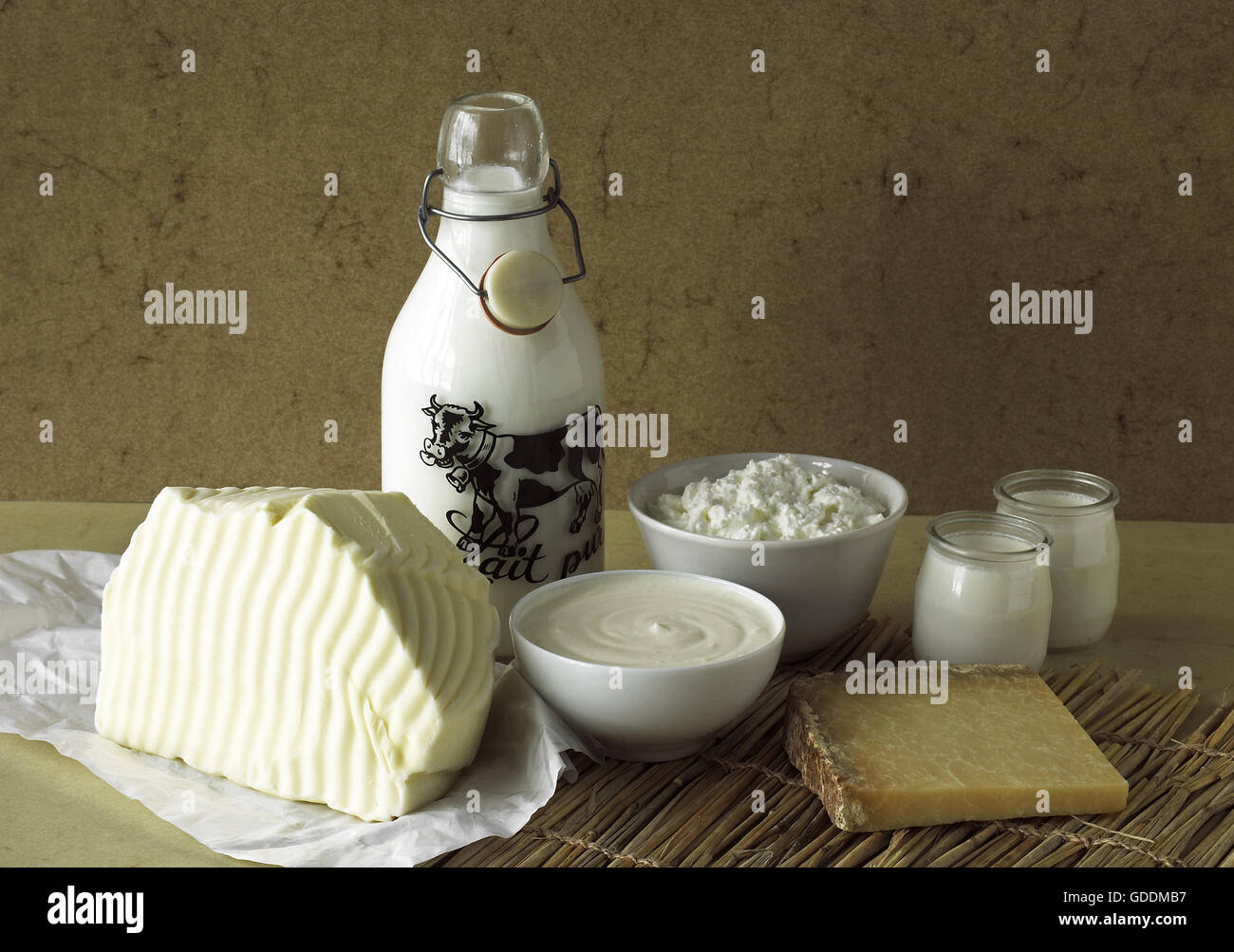 Dairy Produce, Butter, Milk, Double Cream, Soft Cheese, Yogurt and Cantal Cheese Stock Photo
