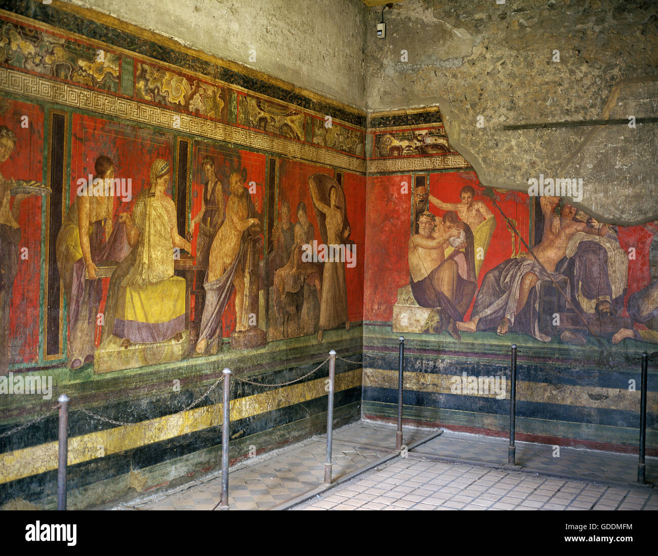 Mural Paint of Pompeii in Italy, City destroyed and completely buried during an Eruption of the Volcano Mount Vesuvius in August 79, a Unesco World Heritage Site since 1997 Stock Photo