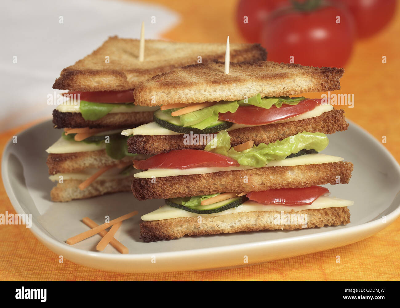 Fast Food, Club Sandwich with Salad and Tomato Stock Photo