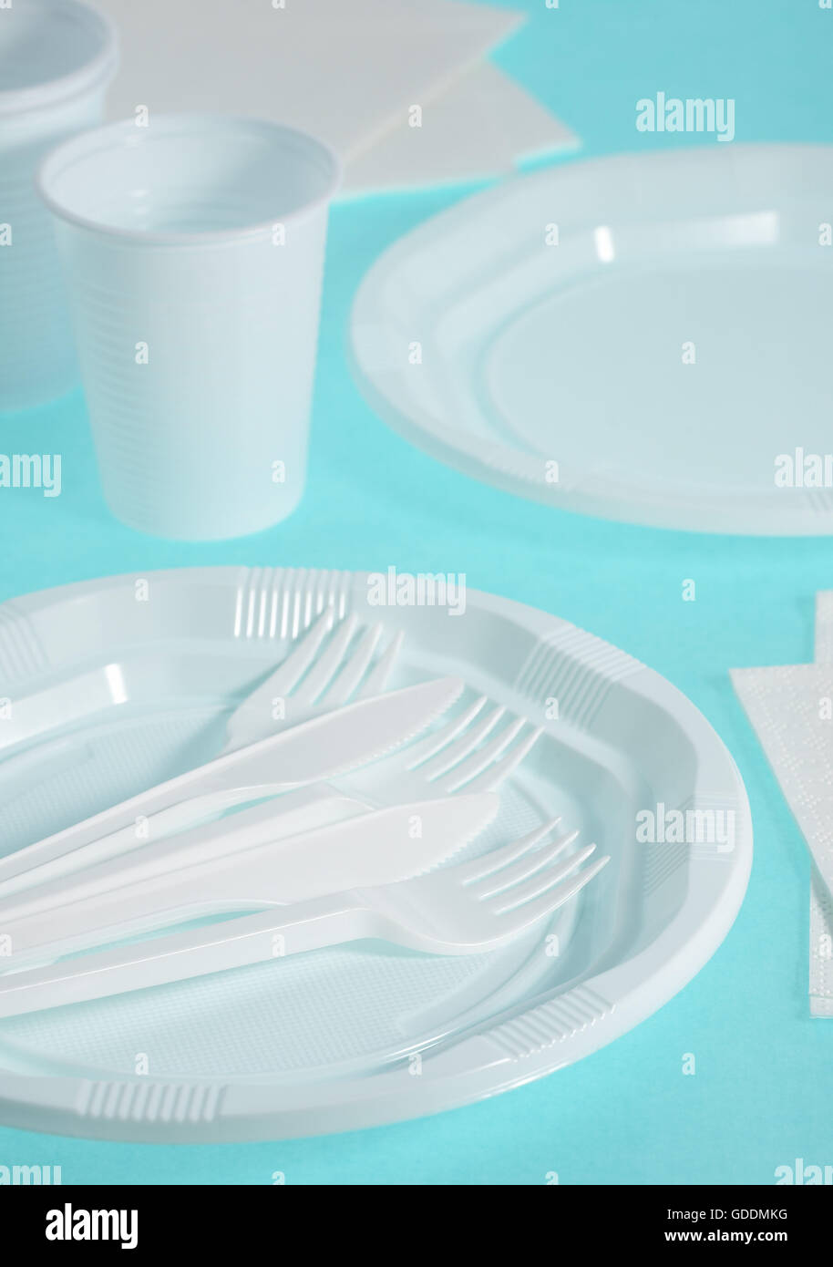 PLASTIC PLACE SETTING AND PAPER NAPKIN Stock Photo
