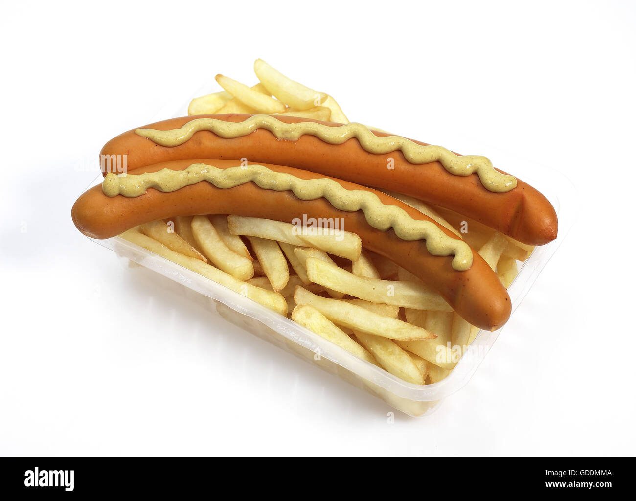 Strasburg Sausages With Mustard and French Fries against White Background Stock Photo