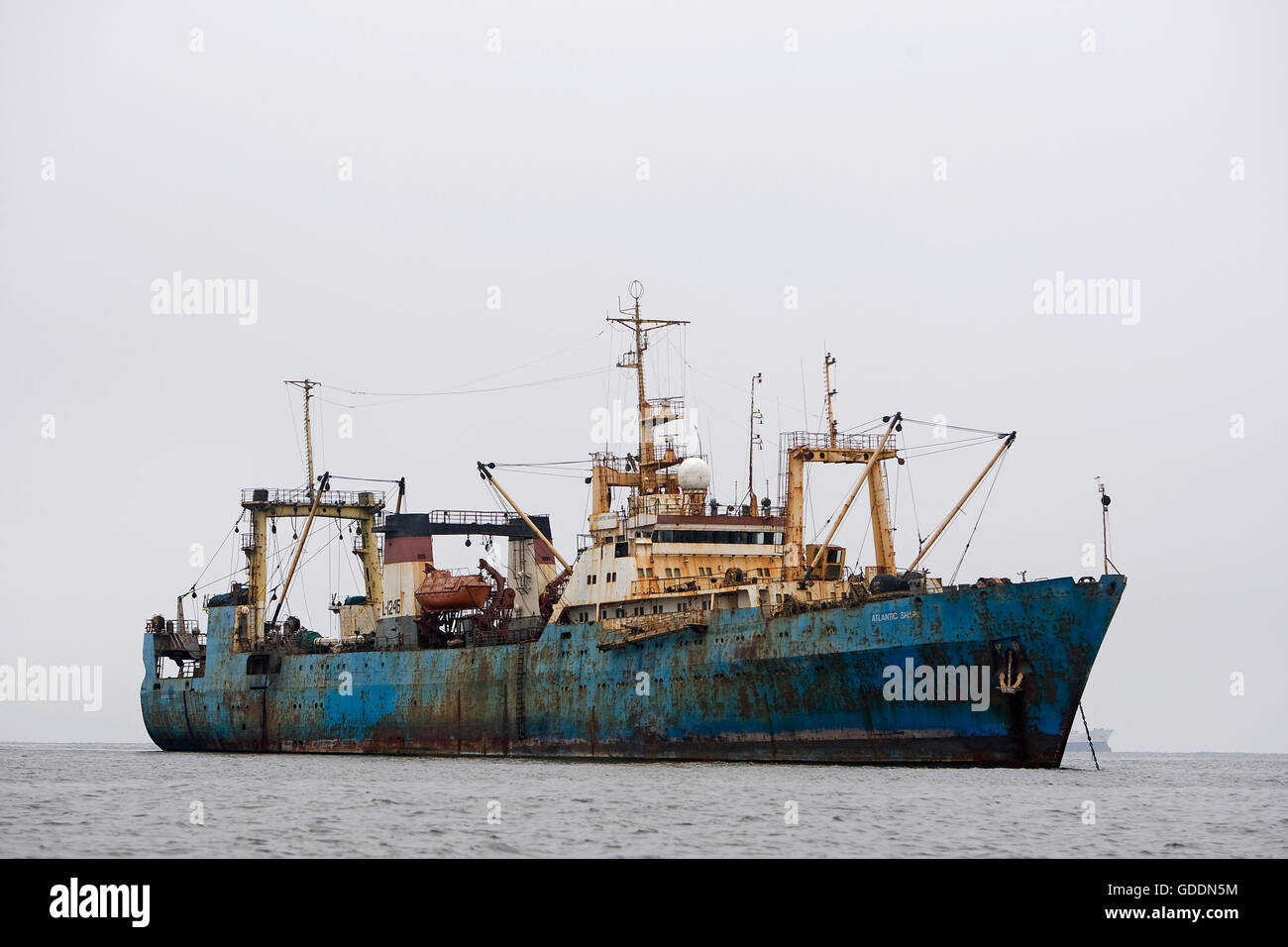Cargo Boat near Harbor of Walvis Bay, Namibia Stock Photo