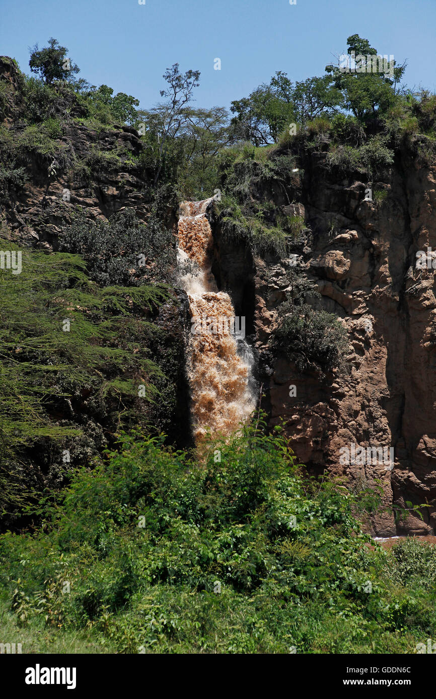 View of Waterfall, River draining into lake, Makalia Waterfall, Lake Nakuru N.P., Great Rift Valley, Kenya Stock Photo
