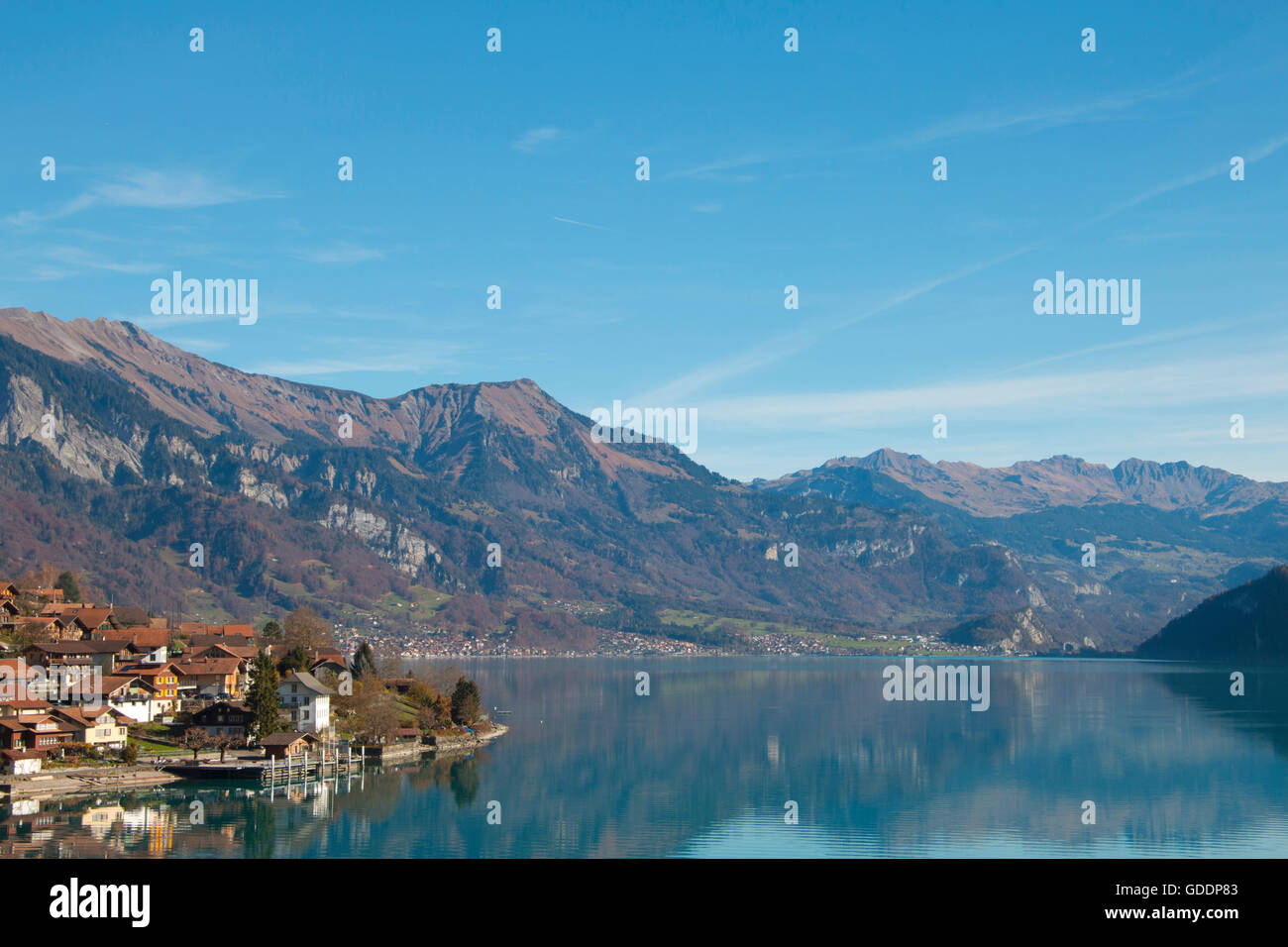 Oberried,autumn,Bernese Oberland,canton Bern,Switzerland,Europe,village,Brienzersee,lake,Lake Brienz, Stock Photo