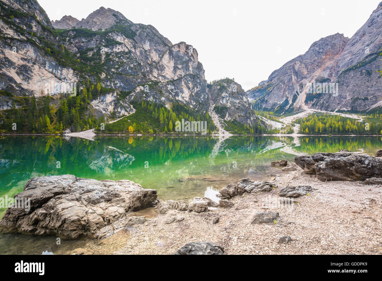 Nature,Landscape,Mountain,Lake,Mountain lake,Pragsersee,Dolomites,Italy Stock Photo