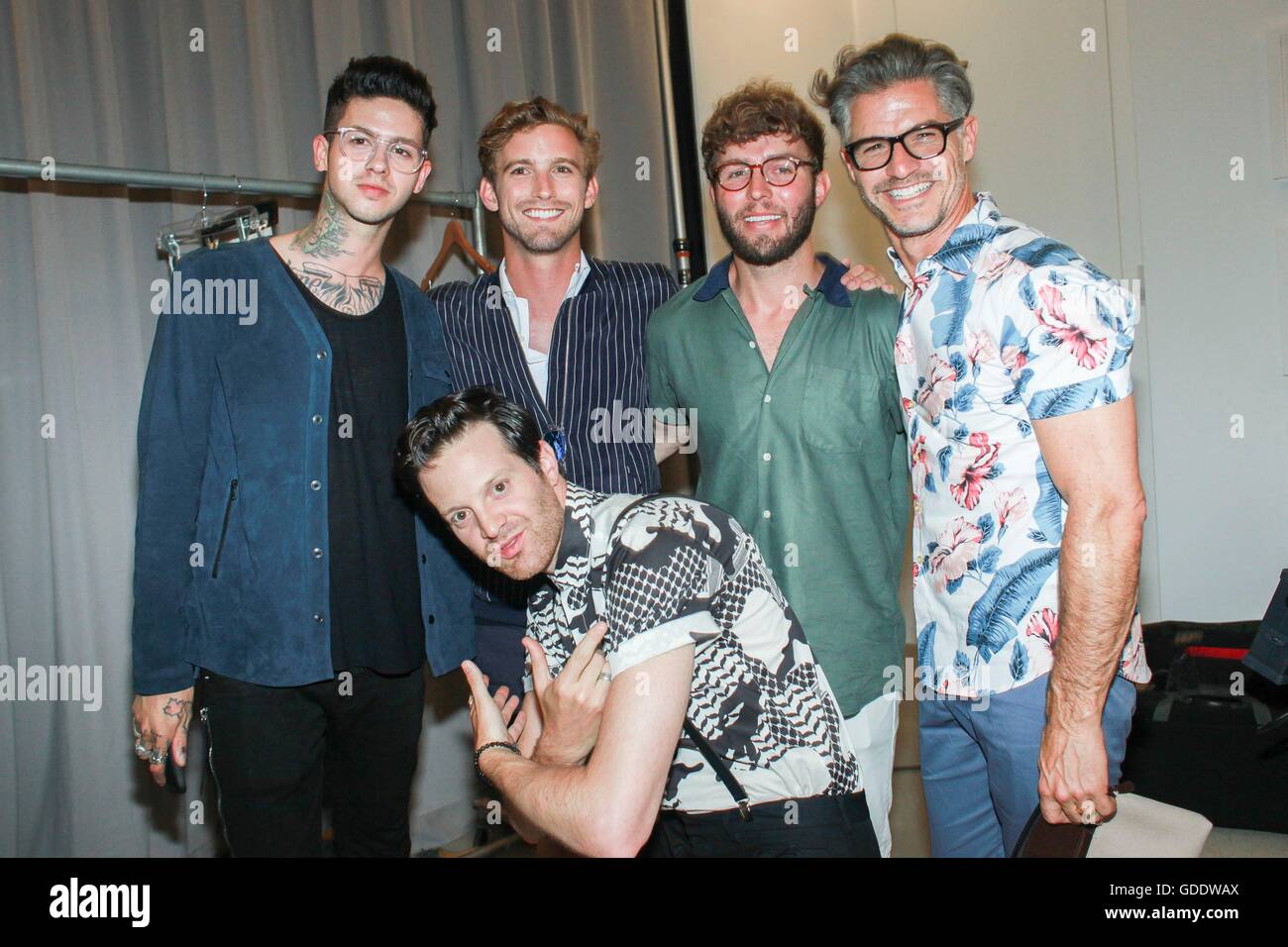 New York, NY, USA. 14th July, 2016. Travis Mills, RJ King, Timo Weiland, Eric Rutherford, Mayer Hawthorne in attendance for Timo Weiland Men's Runway Show - Spring/Summer 2017, Cadillac House, New York, NY July 14, 2016. © Achim Harding/Everett Collection/Alamy Live News Stock Photo