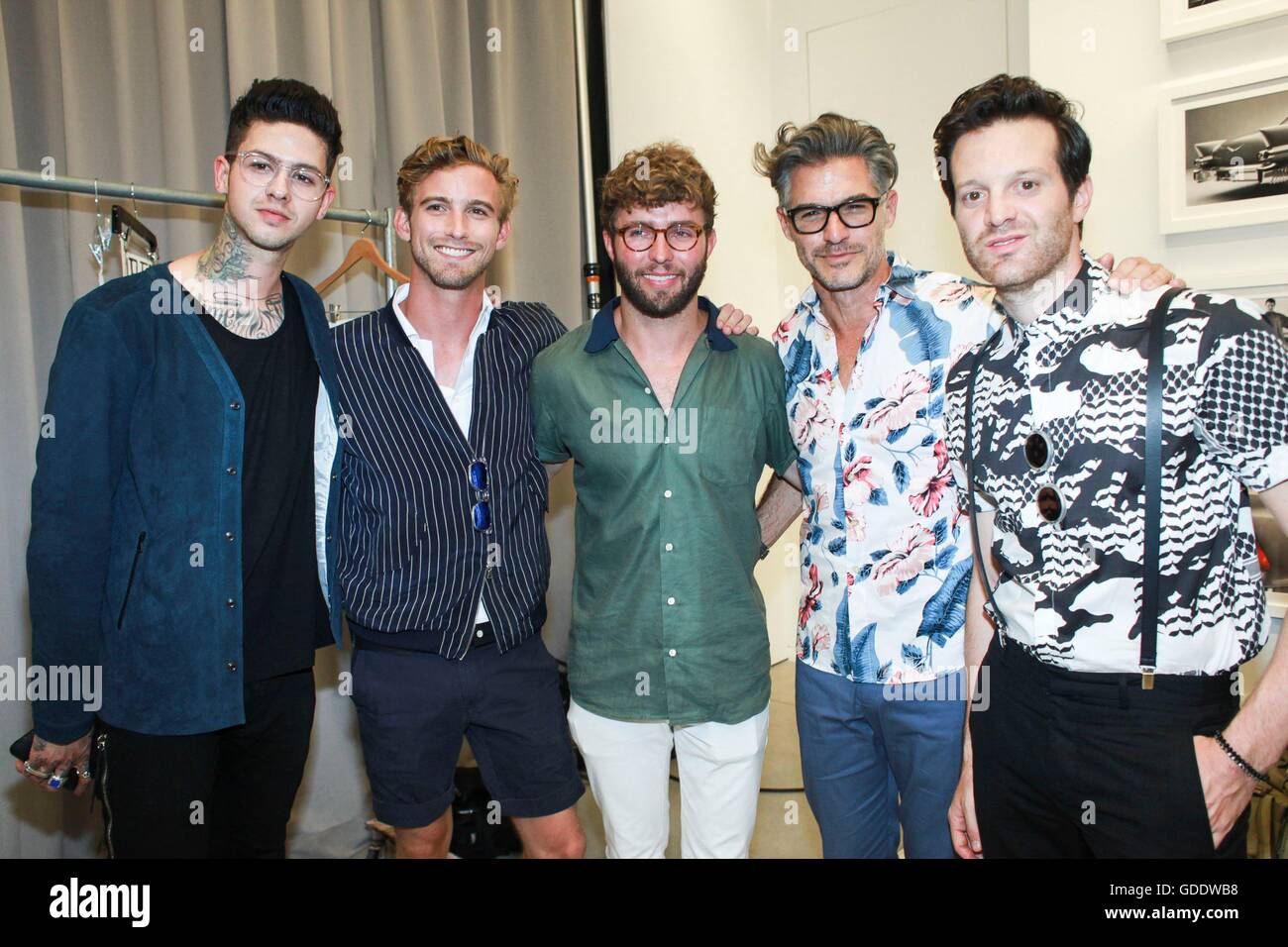 New York, NY, USA. 14th July, 2016. Travis Mills, RJ King, Timo Weiland, Eric Rutherford, Mayer Hawthorne in attendance for Timo Weiland Men's Runway Show - Spring/Summer 2017, Cadillac House, New York, NY July 14, 2016. © Achim Harding/Everett Collection/Alamy Live News Stock Photo