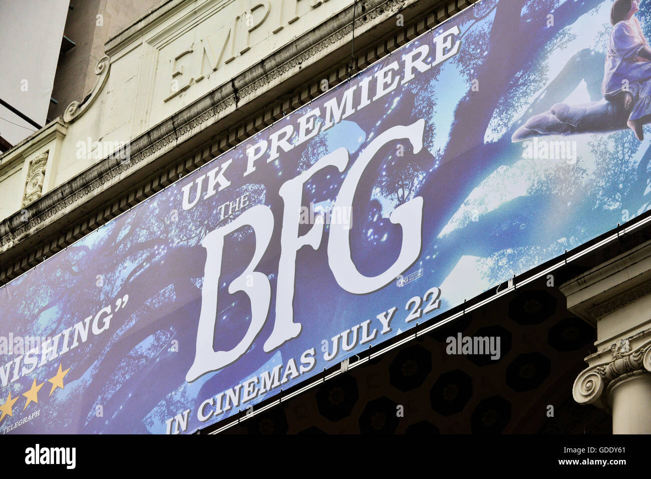 Leicester Square, London, UK. 15th July 2016. BFG Big Friendly Giant movie premiere preparations in Leicester Square. Stock Photo