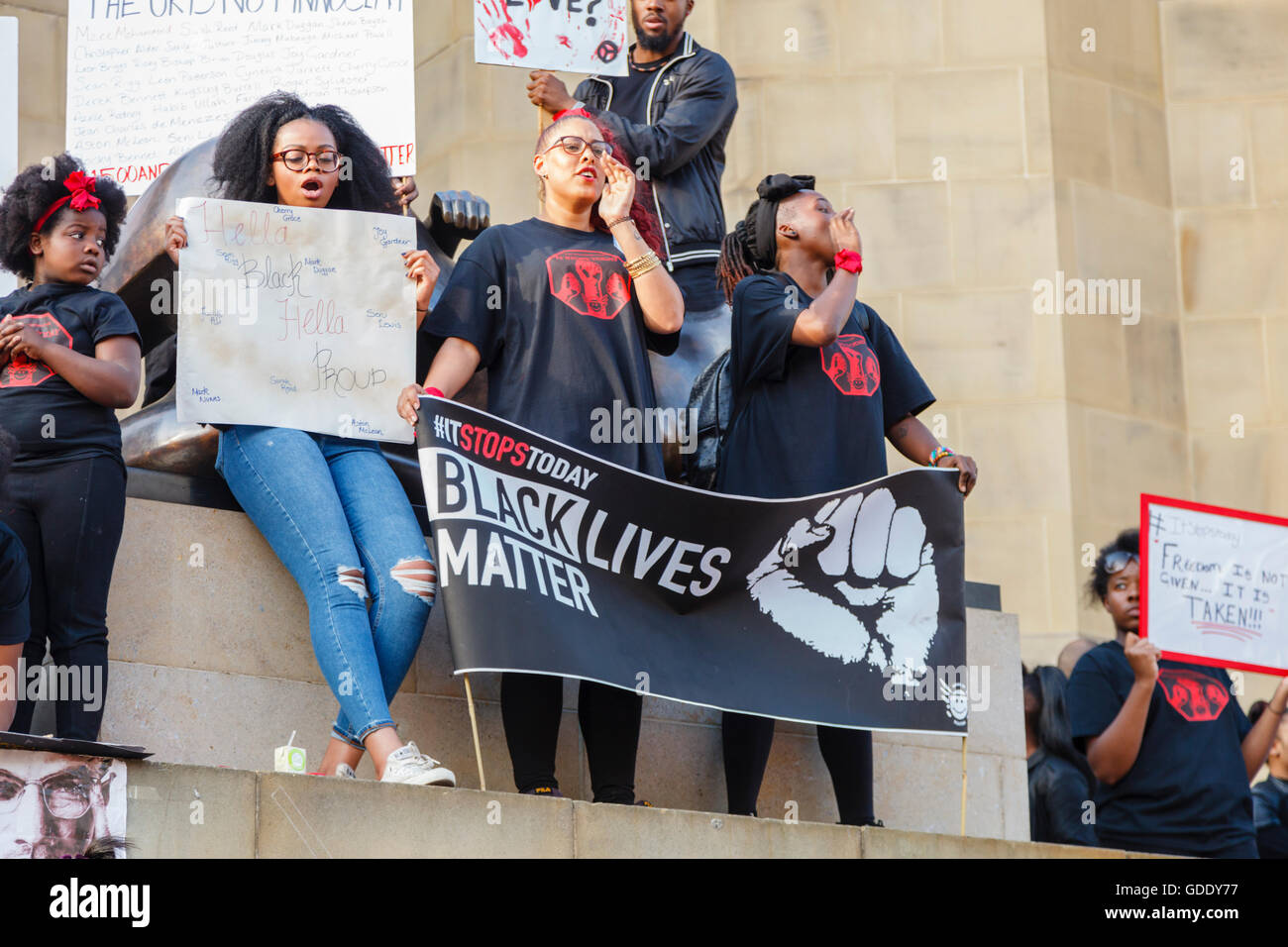 Leeds, West Yorkshire, UK. 14th July, 2016.   Deomnstrators at the Black Lives Matters march in Leeds City Centre Credit:  Graham Hardy/Alamy Live News Stock Photo