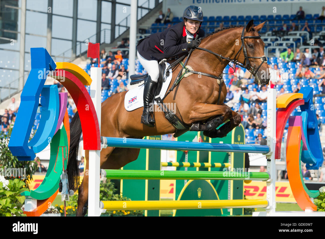 Aachen, North Rhine-Westphalia, Germany, 15th July 2016, Zara Tindall and her horse High Kingdom take part in the Show Jumping phase of the eventing  competition at the CHIO Aachen Weltfest des Pferdesports 2016. Credit: Trevor Holt / Alamy Live News Stock Photo