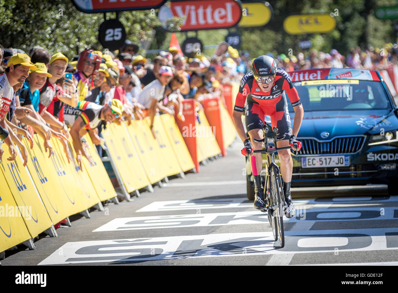 Vallon-Pont-d'Arc, France. 15th July, 2016. Tejay van Garderen (BMC Racing Team) finishes the stage in 16th place. Van Garderen is the top ranked American on the GC, in 6th place, 3'19' behind GC leader Chris Froome (Team Sky). John Kavouris/Alamy Live News Stock Photo