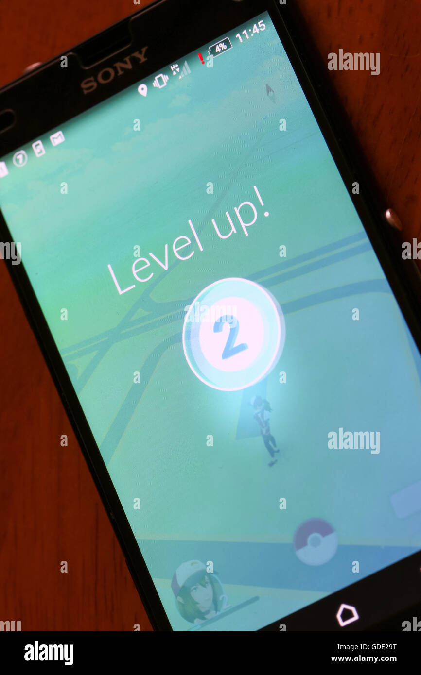 Velika Gorica, Croatia. 15th July, 2016. : Level up on a Pokemon Go game on the smartphone. Pokemon Go is a free-to-play augmented reality mobile game developed by Nintendo. Credit: PhotoJa/Alamy Live News Stock Photo