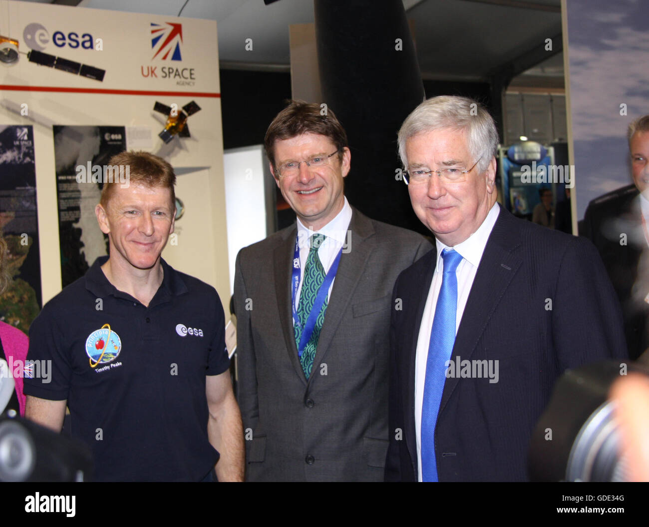 Tim Peake Astronaut, Greg Clark MP minister for 'Business Energy & Industrial Strategy', Michael Fallon MP, Defense Secretary.  Farnborough Air Show media event. Stock Photo