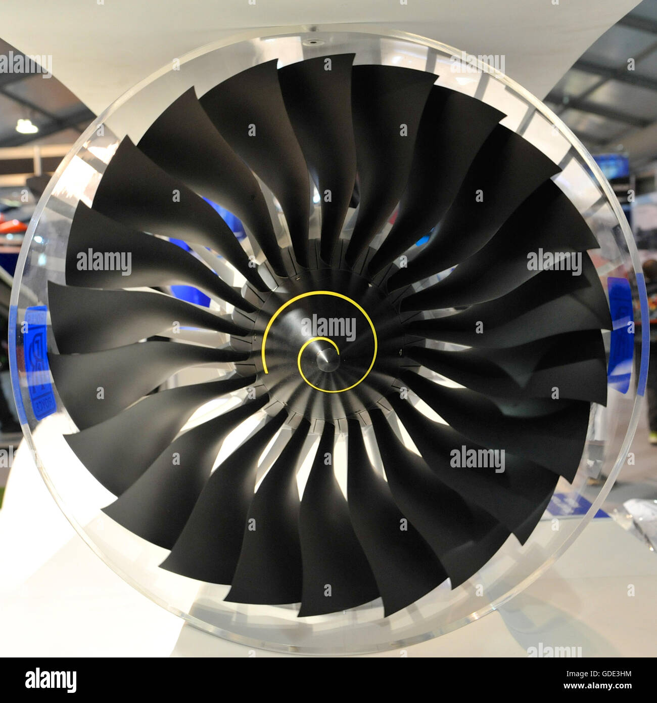 Farnborough, UK. 15th July, 2016. A model of a jet engine air intake assembly on display in the trade pavilions at the Farnborough International Airshow (FIA) which took place today in Farnborough, UK.  The air show, a biannual showcase for the aviation industry, is the biggest of it's kind and attracts civil and military buyers from all over the world. trade visitors are normally in excess of 100,000 people. The show runs until July 17. Credit:  Michael Preston/Alamy Live News Stock Photo