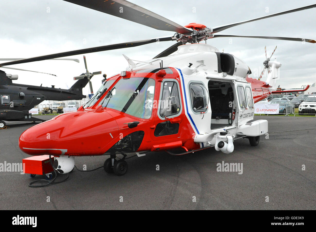Farnborough, UK. 15th July, 2016. A Finmeccanica AW189 twin-engine helicopter on display at the Farnborough International Airshow (FIA) which took place today in Farnborough, UK.  The air show, a biannual showcase for the aviation industry, is the biggest of it's kind and attracts civil and military buyers from all over the world. trade visitors are normally in excess of 100,000 people. The show runs until July 17. Credit:  Michael Preston/Alamy Live News Stock Photo