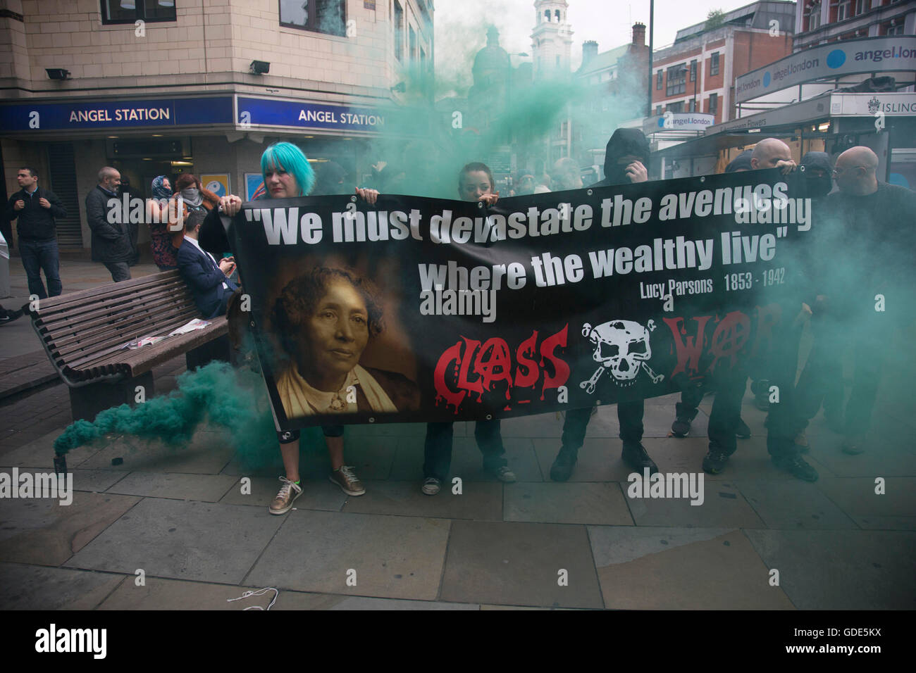 London, UK. 15th July, 2016. Class War march on Boris Johnson’s house in Islington on Friday 15th July in London, United Kingdom. The anarchist group organised this event weeks ago well before Boris Johnson became Foreign Secretary, which has only inflamed the anger amongst protesters at the class and wealth divide between rich and poor and the gentrification of London. Credit:  Michael Kemp/Alamy Live News Stock Photo