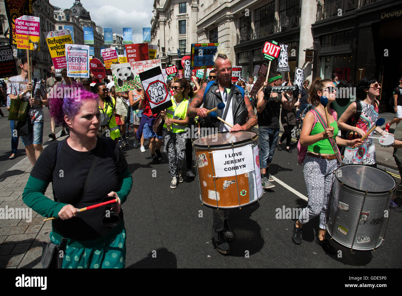 London, UK. 16th July, 2016. Peoples Assembly demonstration: No More Austerity - No To Racism - Tories Must Go, on Saturday July 16th in London, United Kingdom. Tens of thousands of people gathered to protest in a march through the capital protesting against the Conservative Party cuts. Almost 150 Councillors from across the country have signed a letter criticising the Government for funding cuts and and will be joining those marching in London. Credit:  Michael Kemp/Alamy Live News Stock Photo