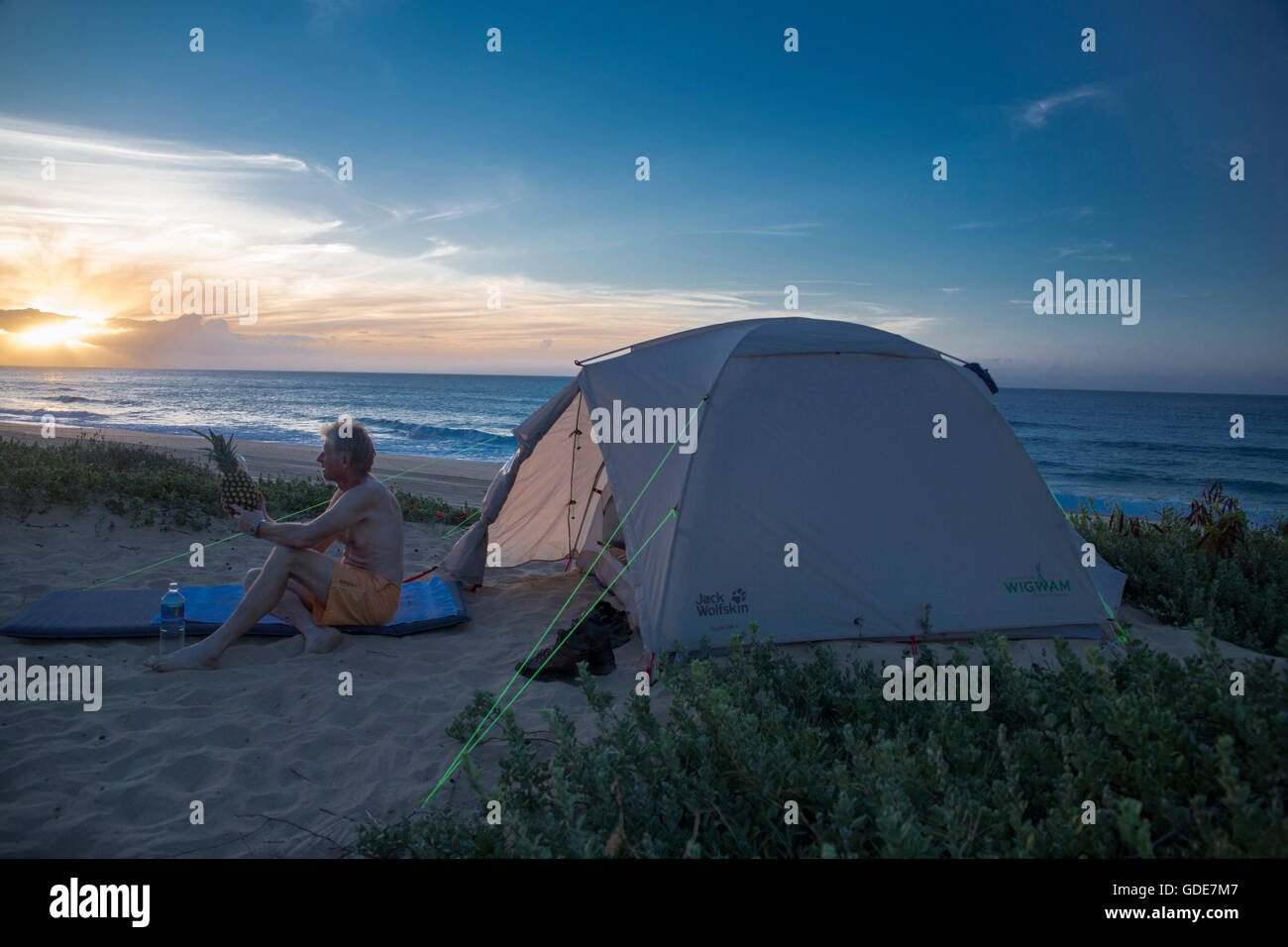 Kauai,man,Polihale Heiau,USA,Hawaii,America,camping,tent,sea, Stock Photo