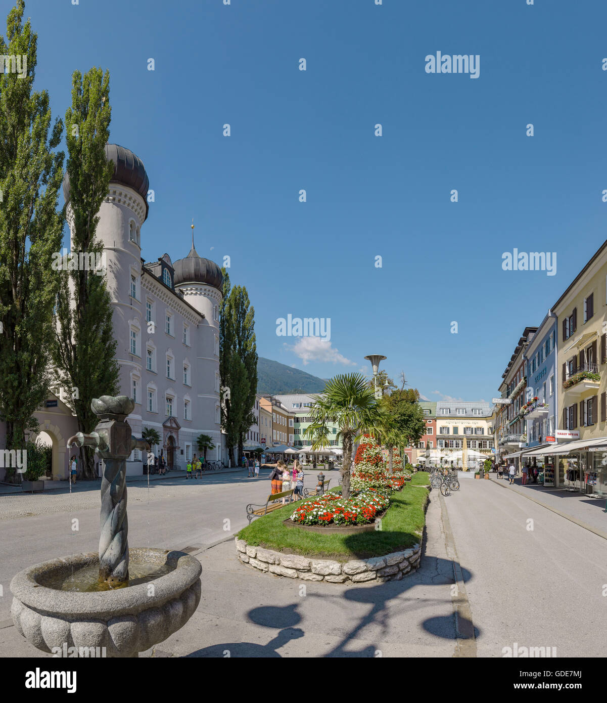 Lienz,Austria,Square Hauptplatz,The town hall looks like a castle Stock Photo