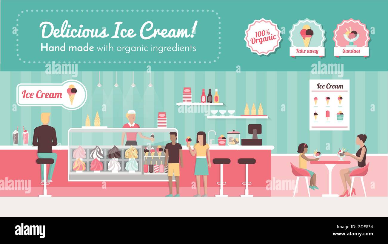 Ice cream parlor vector banner, shop interior, desserts and people eating Stock Vector
